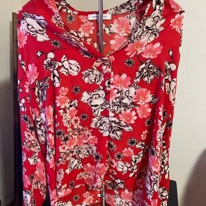 Red Floral Lightweight Long sleeve Blouse